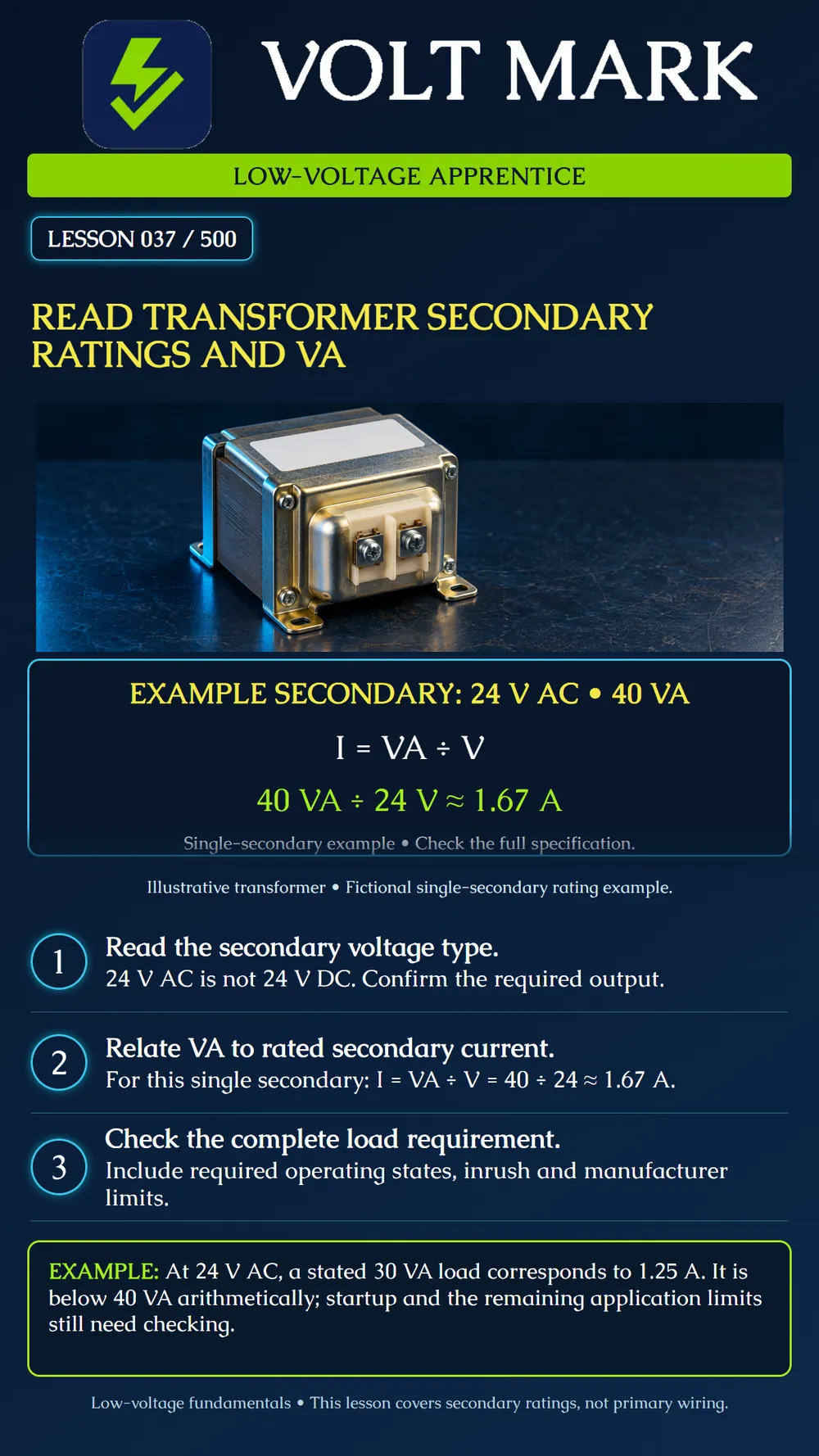 Reading transformer secondary ratings and VA