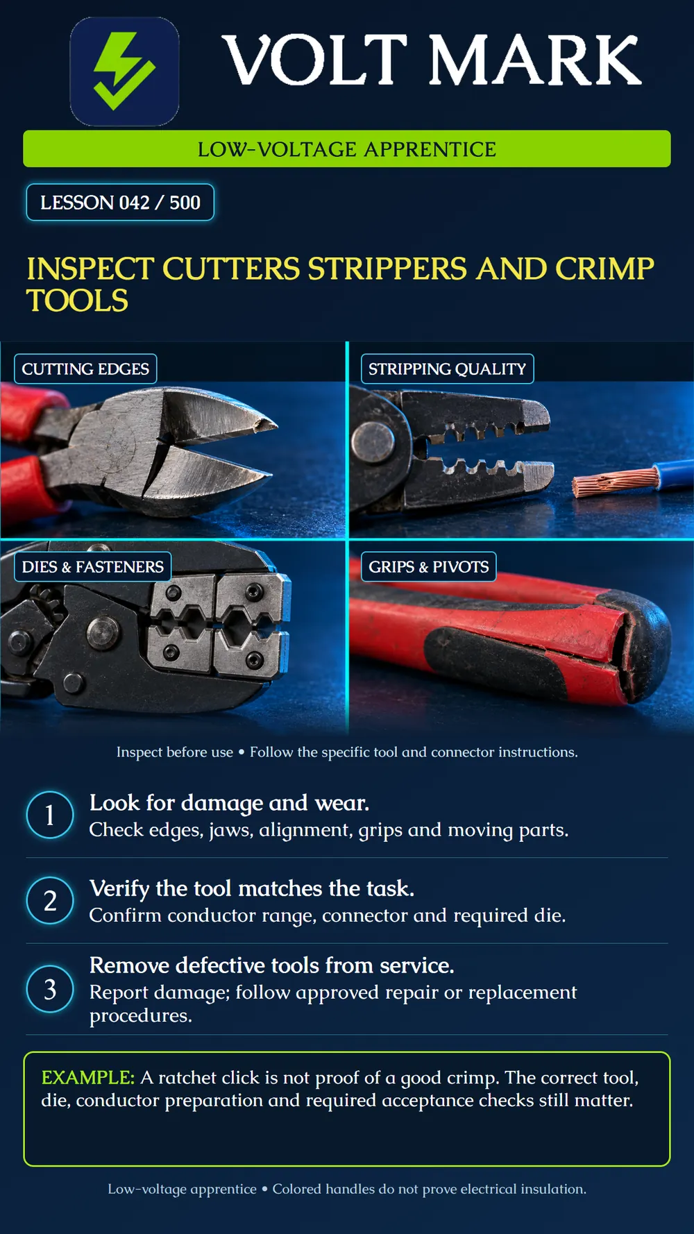 Inspecting cutters, strippers and crimping tools