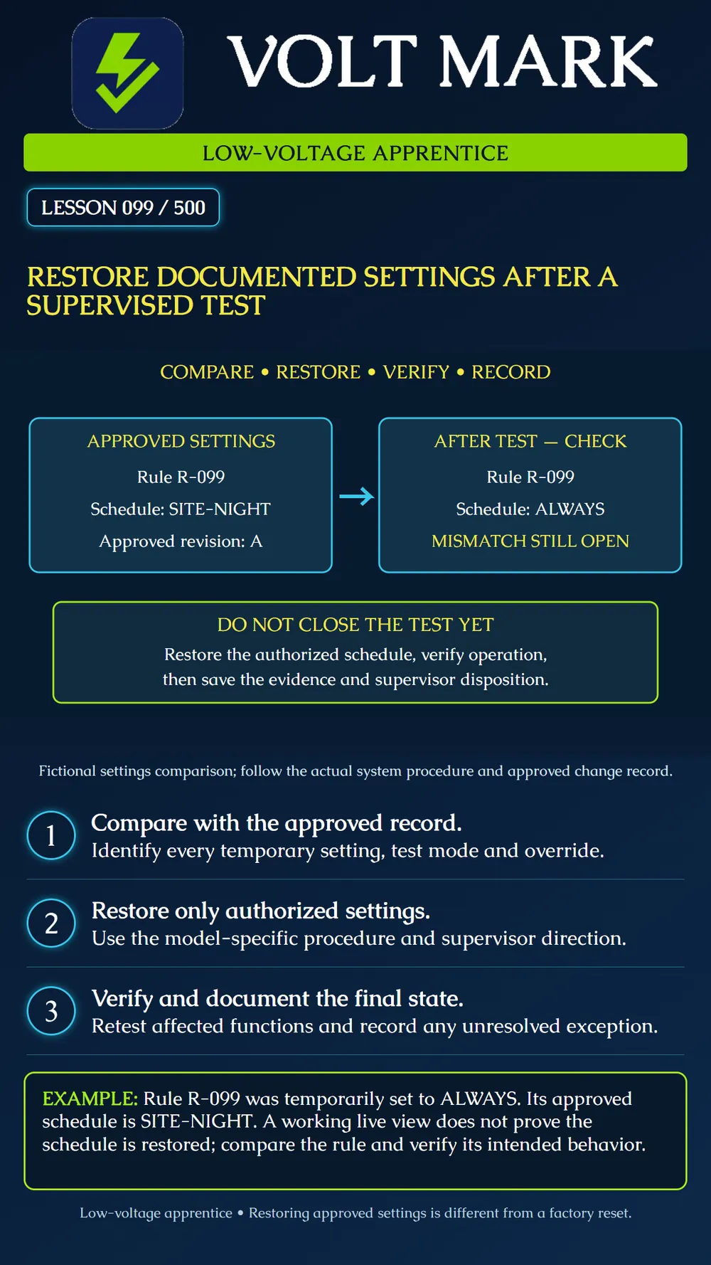 Restoring documented settings after testing