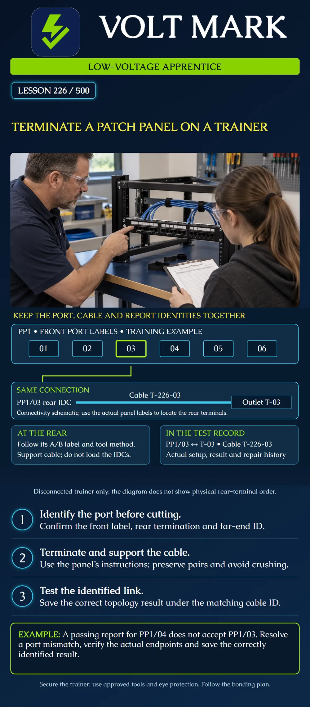 Terminate a patch panel on a trainer