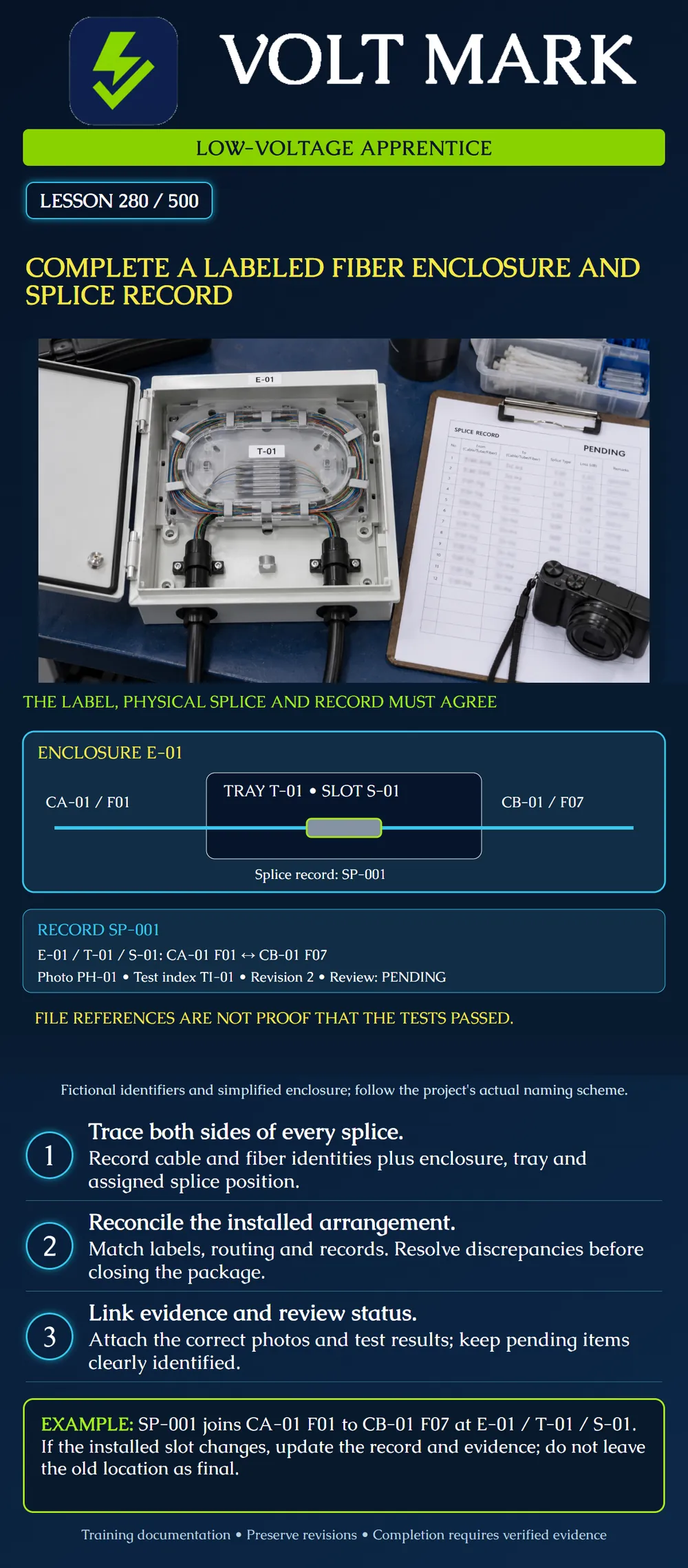 Complete a labeled fiber enclosure and splice record