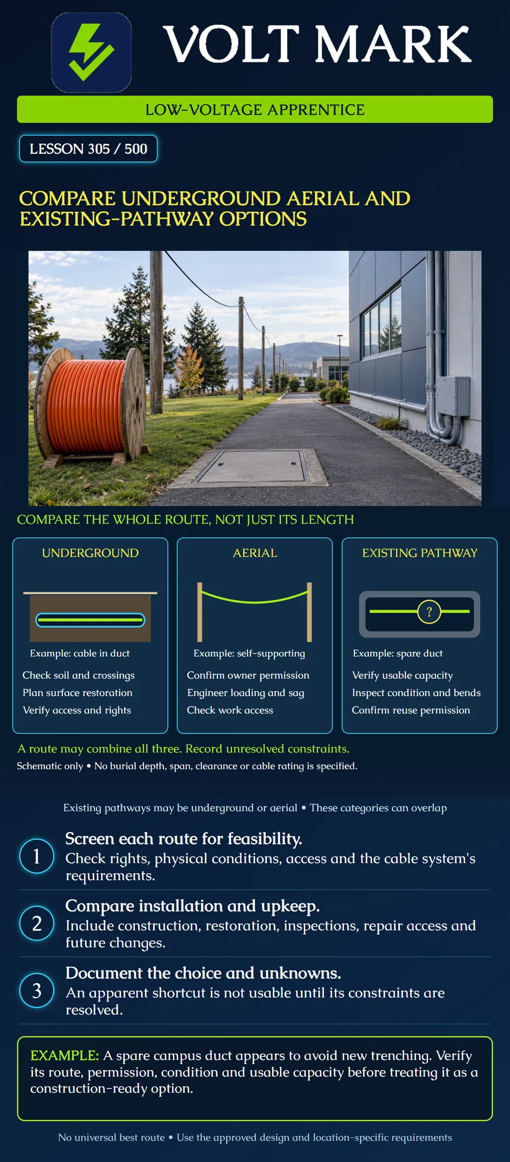 Compare underground aerial and existing-pathway options