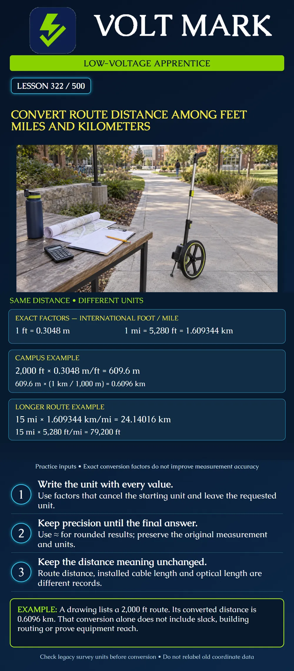 Convert route distance among feet miles and kilometers