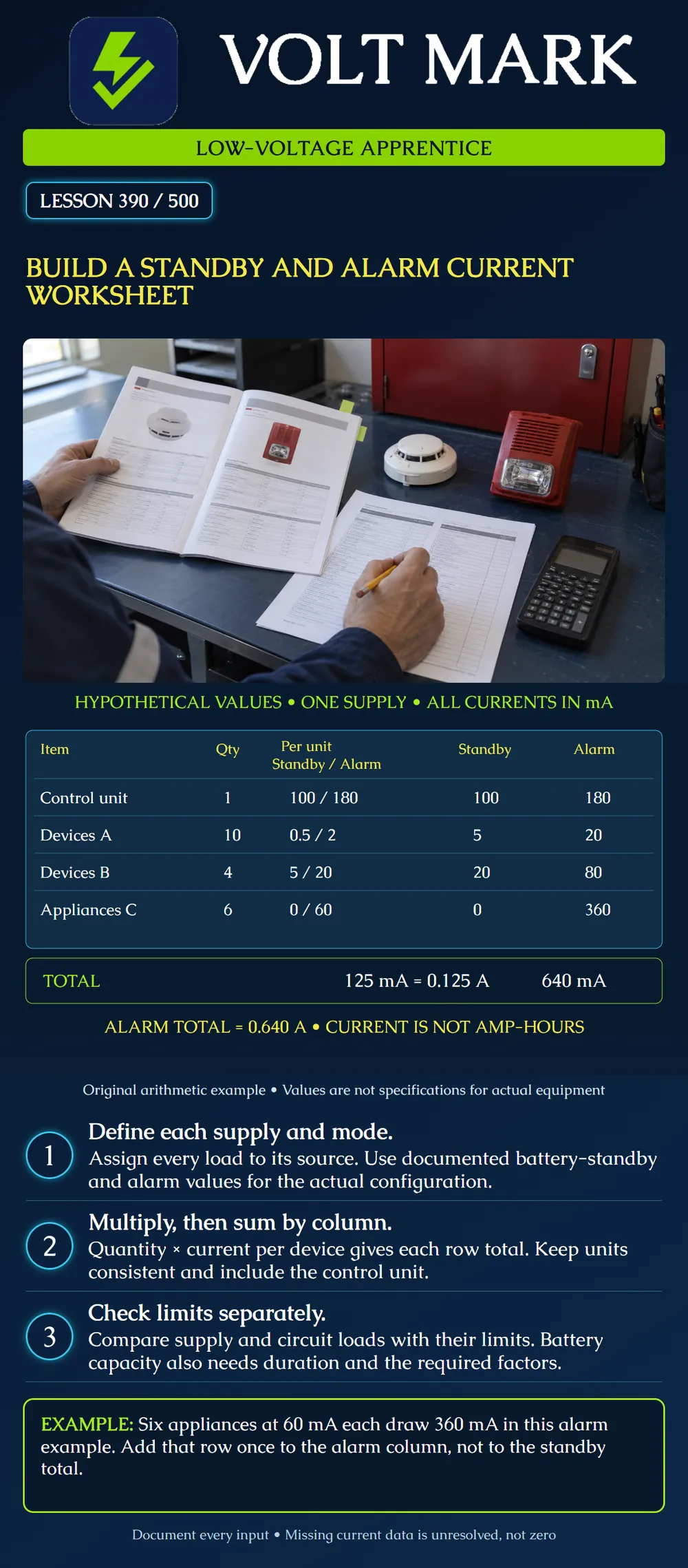 Build a standby and alarm current worksheet
