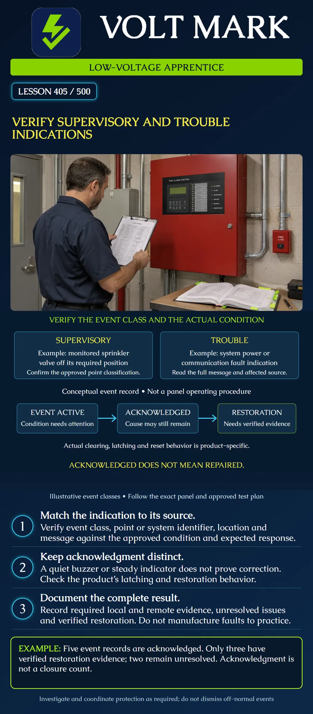 Verify supervisory and trouble indications