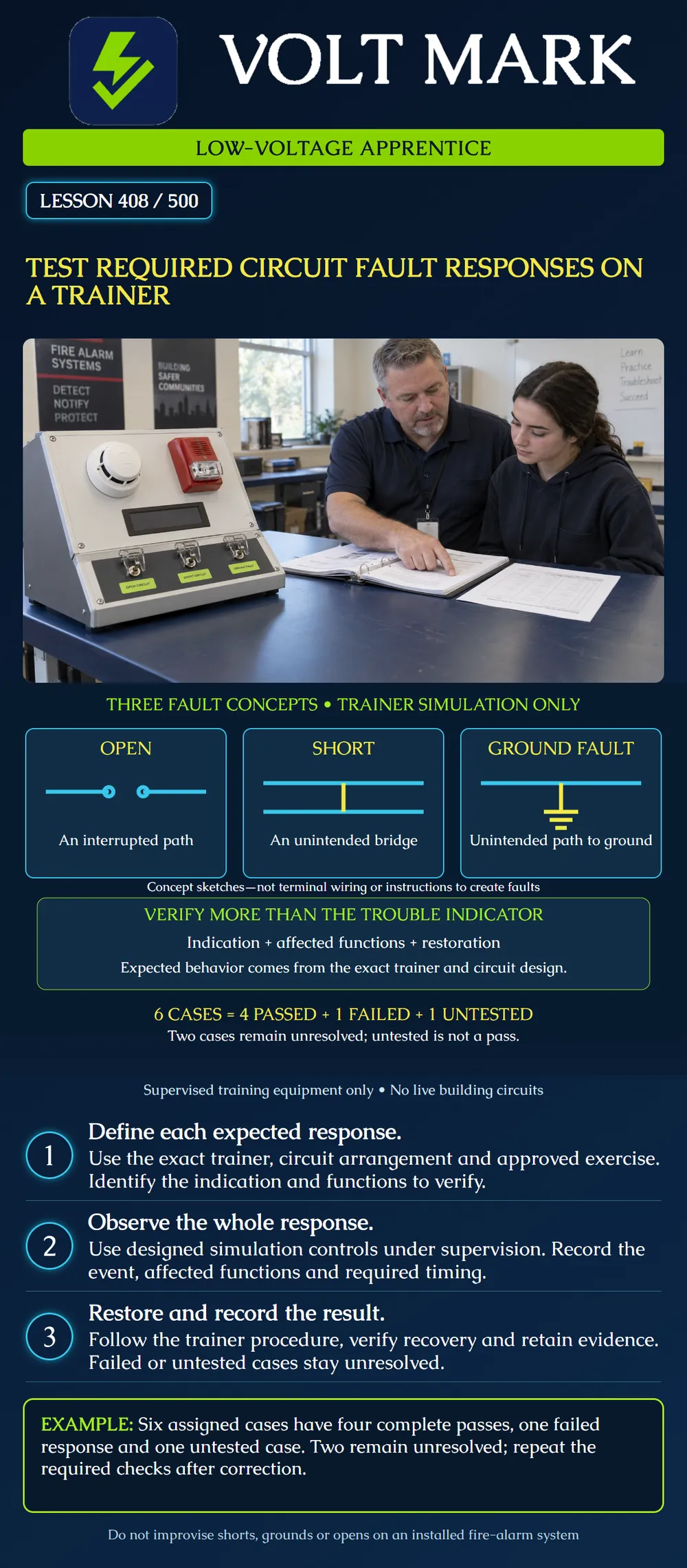 Test required circuit fault responses on a trainer