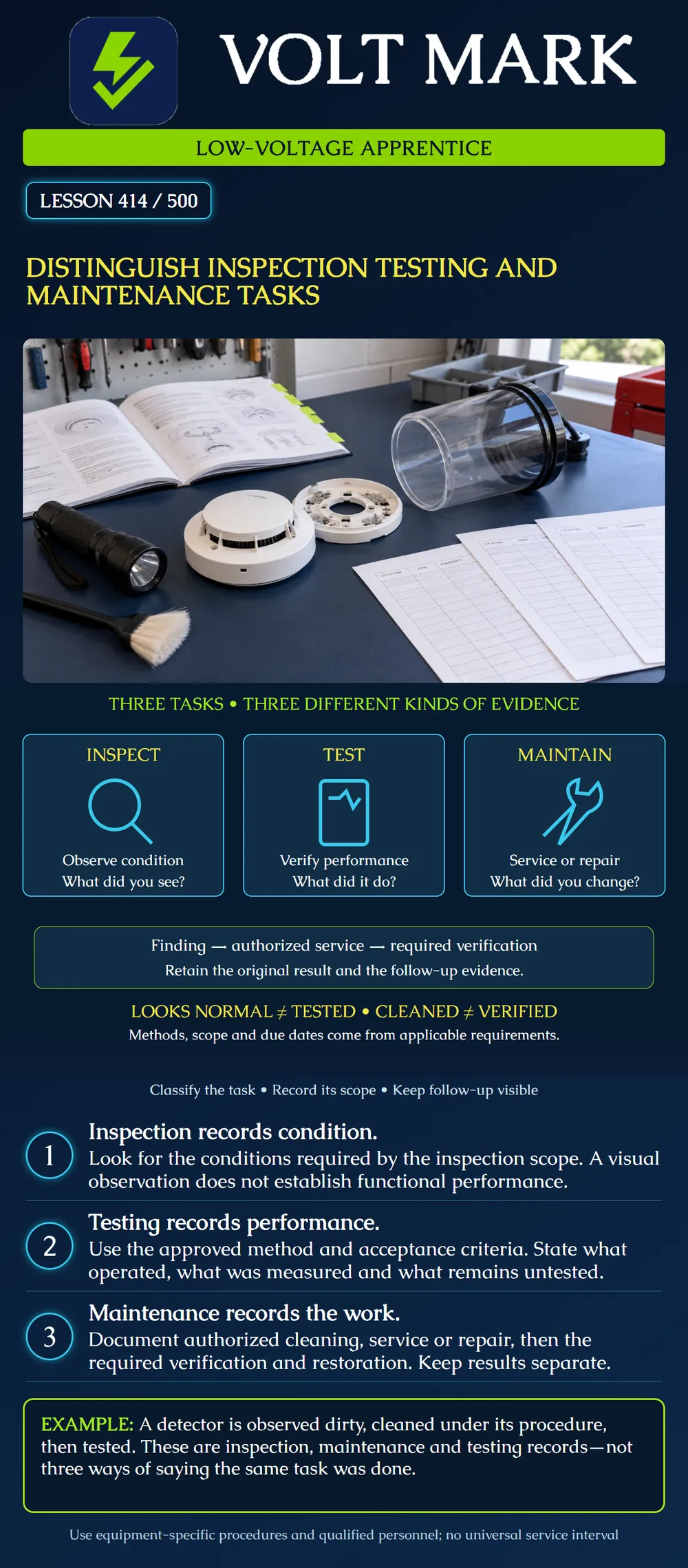 Distinguish inspection testing and maintenance tasks