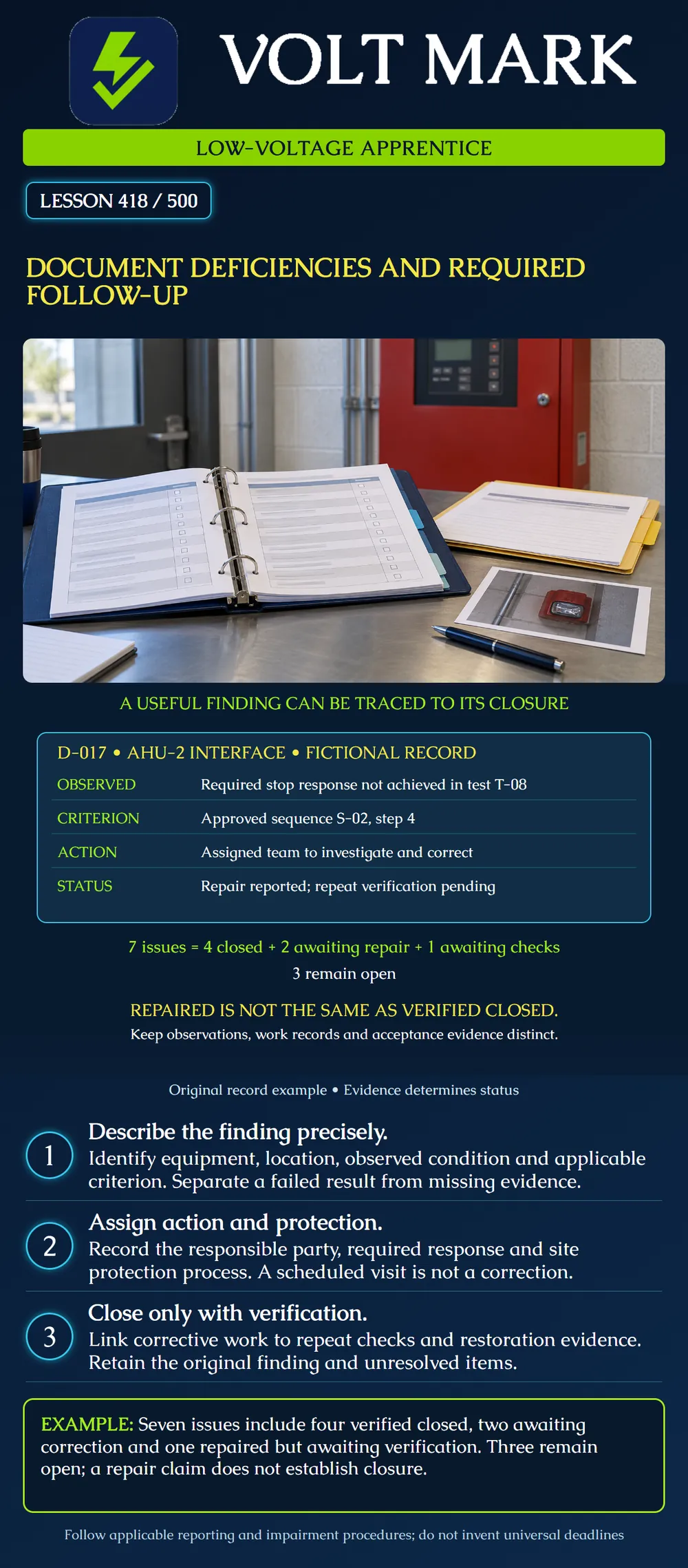 Document deficiencies and required follow-up