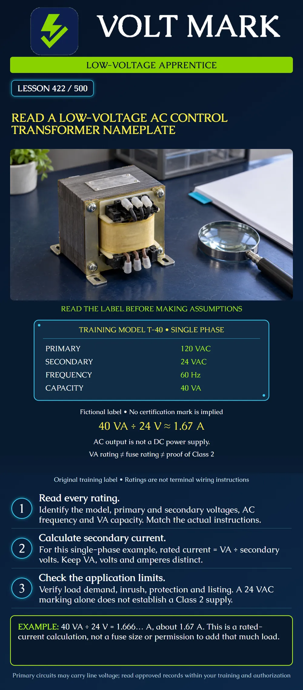 Read a low-voltage AC control transformer nameplate