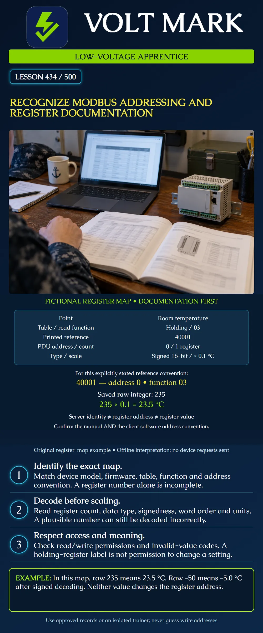 Recognize Modbus addressing and register documentation